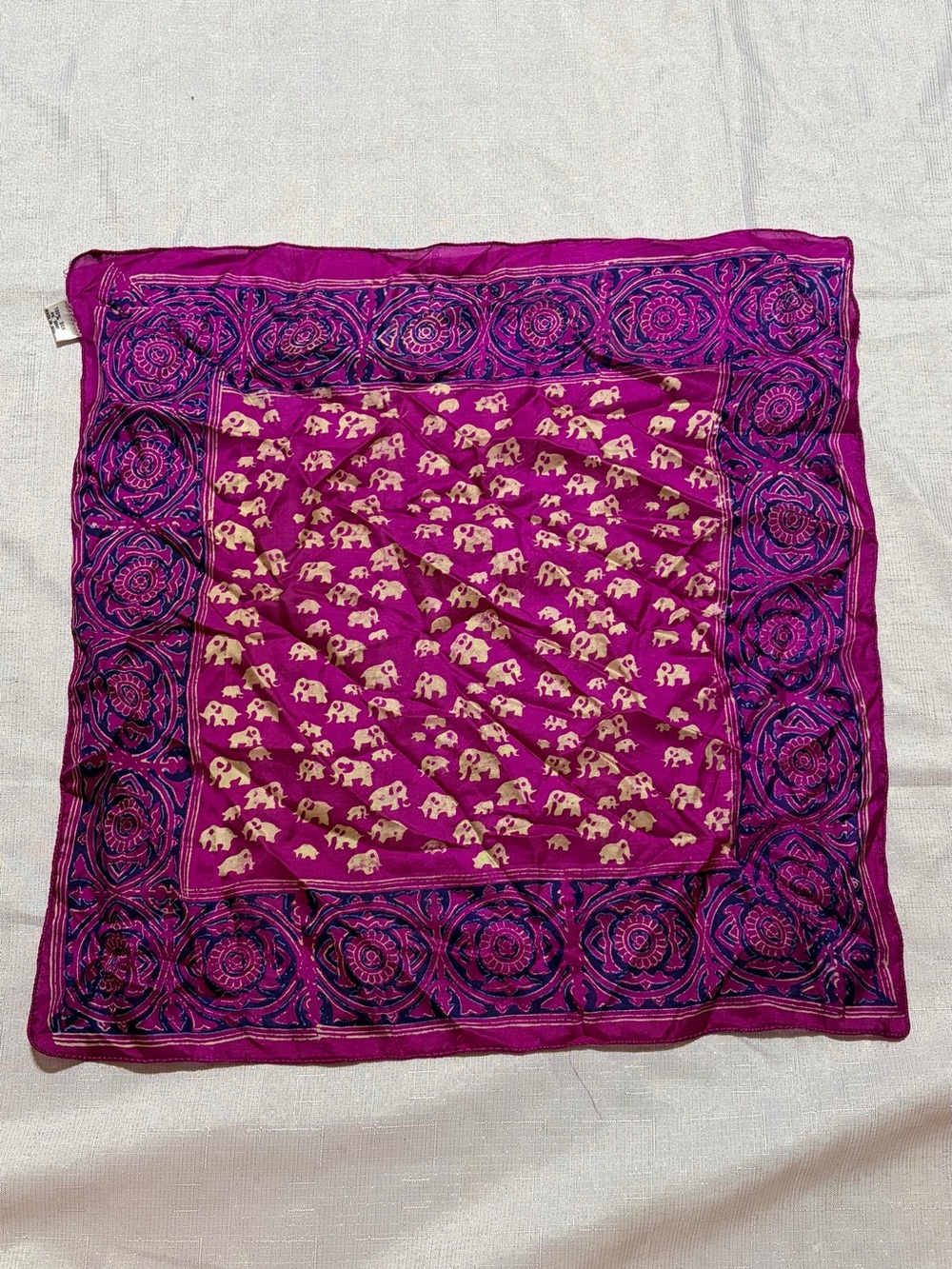 Vintage 100% silk square scarf magenta fuchsia pink elephant boho hair wrap